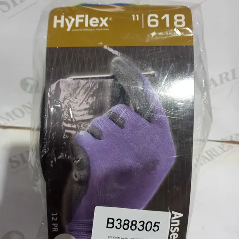 PACK OF APPROXIMATELY 12 BRAND NEW HYFLEX ANSELL PROTECTIVE WORK GLOVES IN BLACK/BLUE, SIZE 8