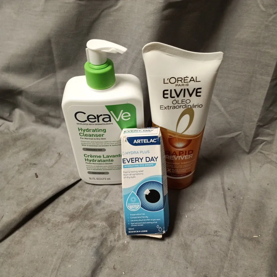 APPROXIMATELY 15 ASSORTED HEALTH AND BEAUTY ITEMS INCLUDING LOREAL ELVIVE RAPID REVIVER, ARTELAC HYDRA PLUS EYE DROPS AND CEREVE HYDRATING CLEANSER