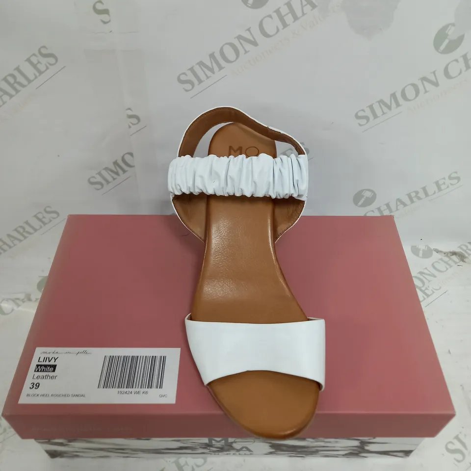 BOXED MODA IN PELLE LIIVY WHITE LEATHER BLOCK HEEL ROUCHED SANDAL SIZE 6