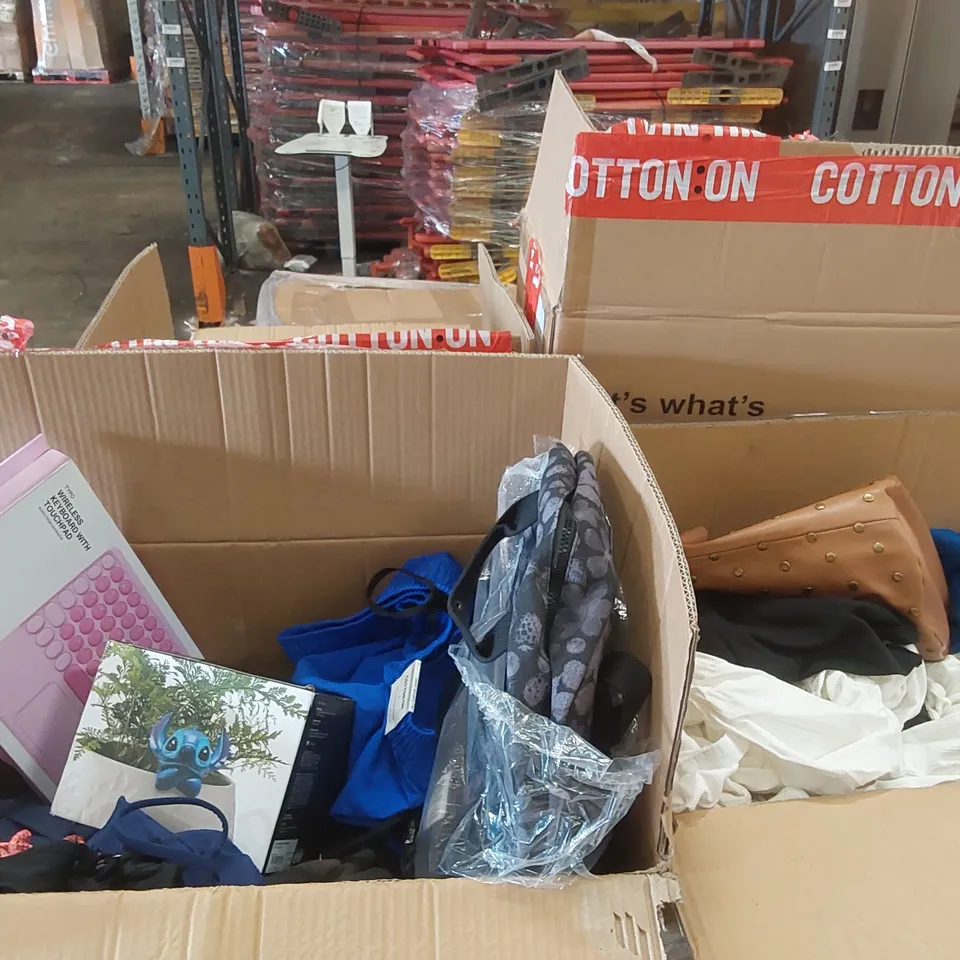 PALLET CONTAINING A LARGE QUANTITY OF BRAND NEW ASSORTED PRODUCTS INCLUDING: CLOTHING, UNDERWEAR, HANDBAG, WIRELESS KEYBOARD, PLANTER, PENCIL CASE, BACKPACK ECT