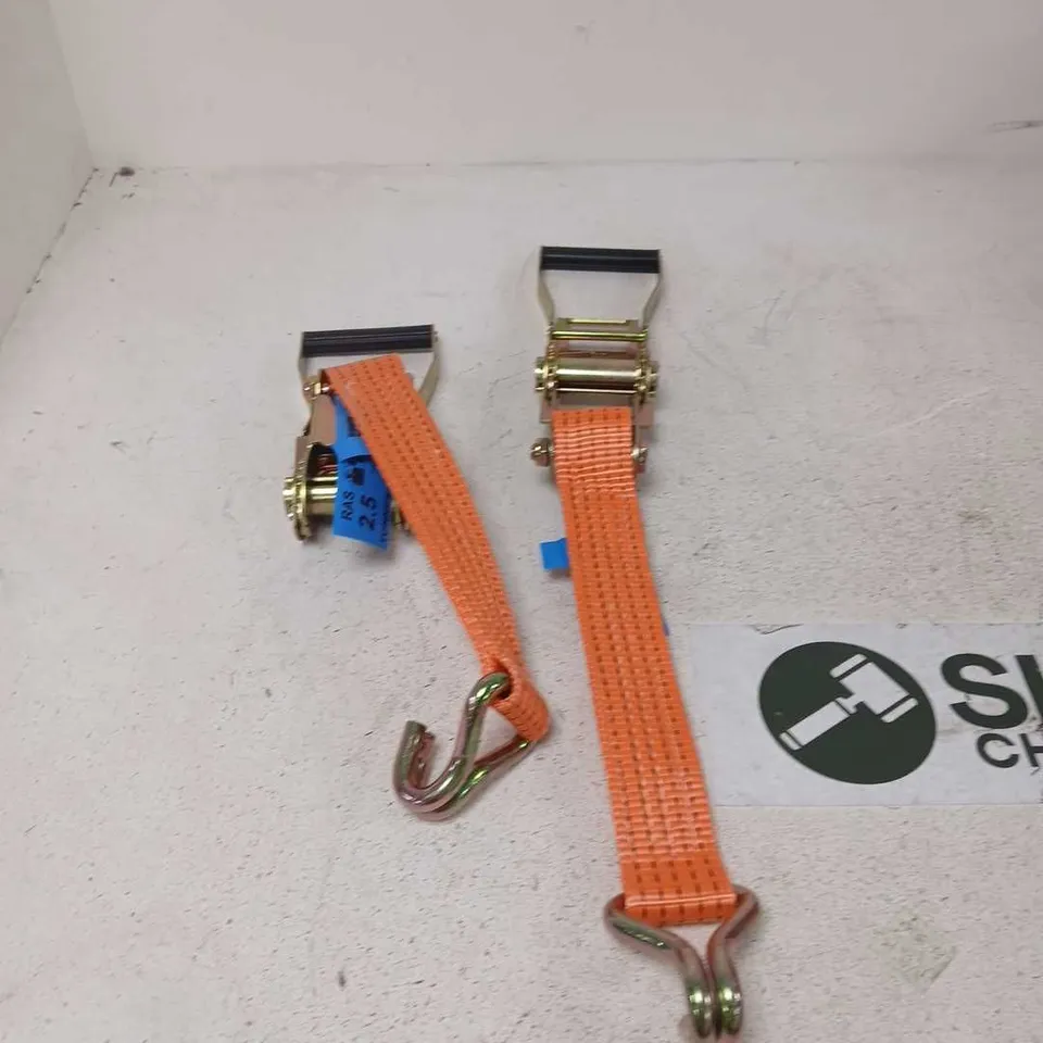 TWO ORANGE RATCHET TIE-DOWN STRAPS WITH METAL HOOKS