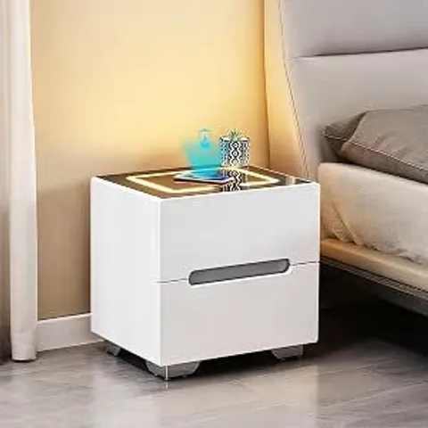 BOXED CLIPOP 2 DRAWER BEDSIDE TABLE WITH LED LIGHTS, SMART BEDSIDE TABLE WITH WIRELESS CHARGING, GLASS TOP NIGHTSTAND CABINET FOR BEDROOM LIVING ROOM