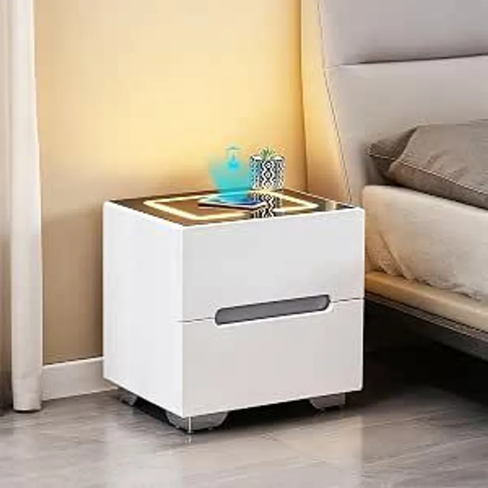 BOXED CLIPOP 2 DRAWER BEDSIDE TABLE WITH LED LIGHTS, SMART BEDSIDE TABLE WITH WIRELESS CHARGING, GLASS TOP NIGHTSTAND CABINET FOR BEDROOM LIVING ROOM