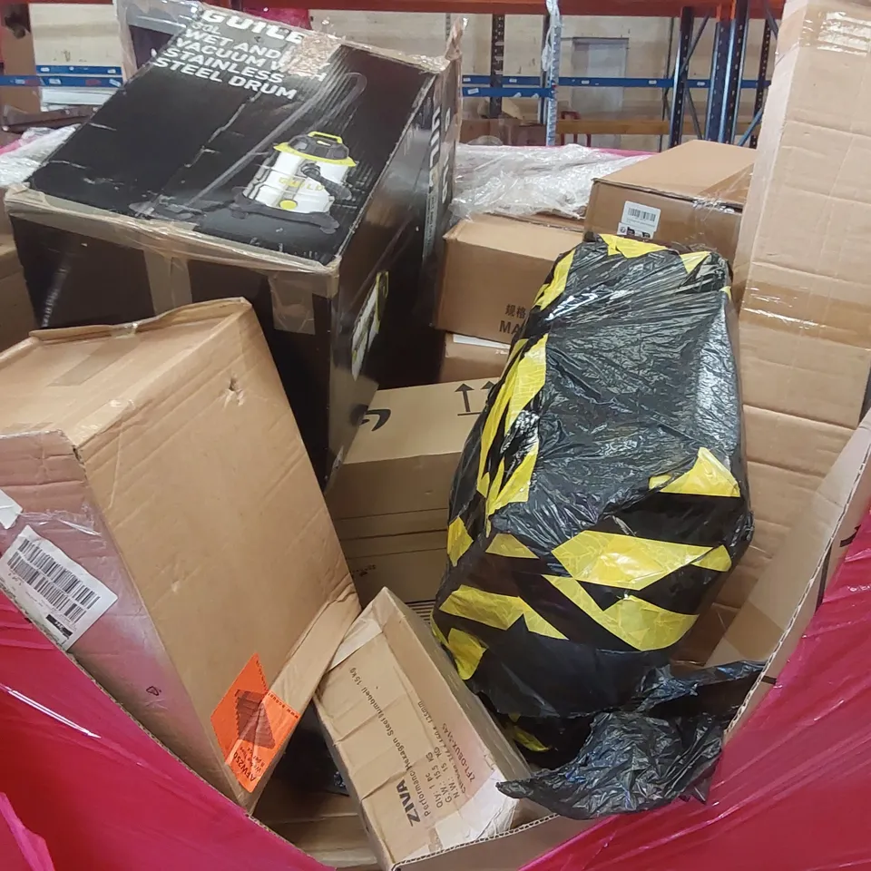 PALLET OF ASSORTED ITEMS INCLUDING: KEPLIN PICK UP TOOLS, A2 CUTTING MATS, TABLECLOTHS, CERAMIC NON-STICK PAN, ROBUS LIGHT ECT