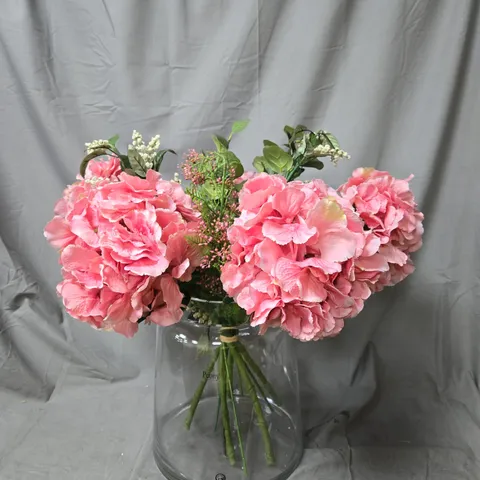 PEONY GLASS VASE WITH PINK FAUX HYDRANGEA BOUQUET – HOME DECOR