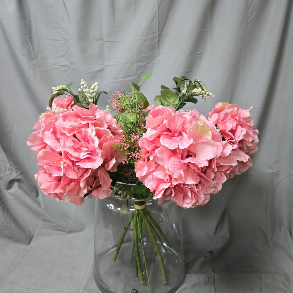 PEONY GLASS VASE WITH PINK FAUX HYDRANGEA BOUQUET – HOME DECOR