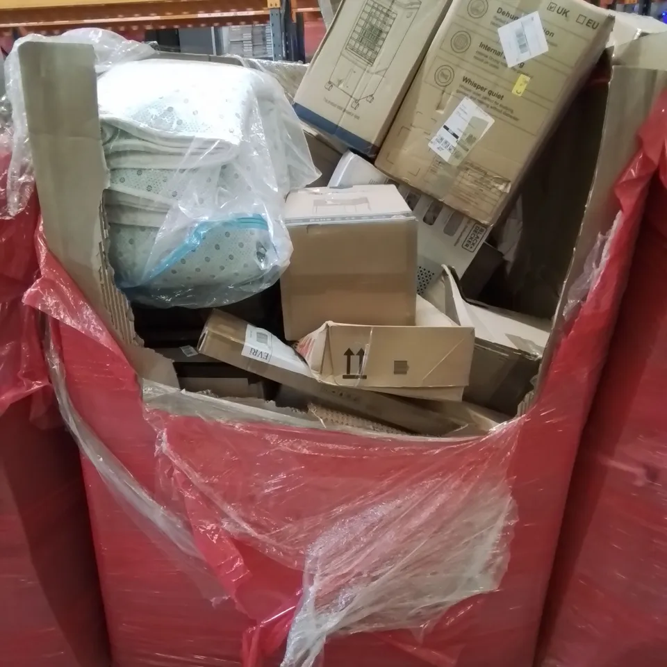 PALLET CONTAINING VARIOUS ASSORTED ITEMS TO INCLUDE: DEHUMIDIFIERS,  AIR COOLER, LARGE THROW AND LOTS MORE UNMARKED BOXED ITEMS 