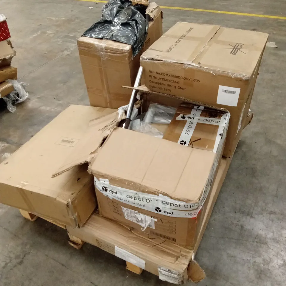 PALLET OF ASSORTED FURNITURE, HOUSEHOLD GOODS & PRODUCTS TO INCLUDE; DINING CHAIRS, BARSTOOLS, BOXED FURNITURE ETC 