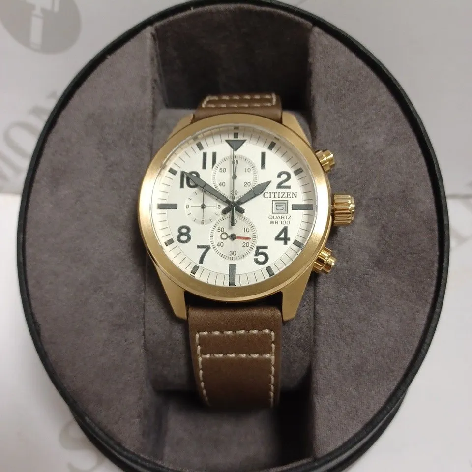 CITIZEN TRIPLE DIAL GOLD EFFECT WATCH WITH BROWN LEATHER EFFECT STRAP