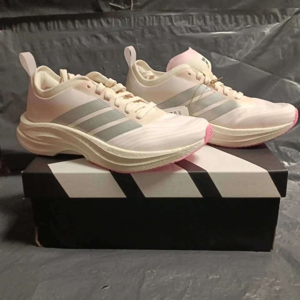 BOXED PAIR OF ADIDAS MOVEBOOST SHOES IN PALE PINK/CREAM/SILVER SIZE UK 3.5