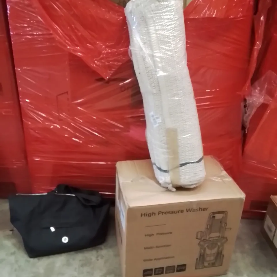 PALLET OF ASSORTED HOUSEHOLD GOODS AND PRODUCTS TO INCLUDE;PET CARRIER,AREA RUG,PRESSURE WASHER 