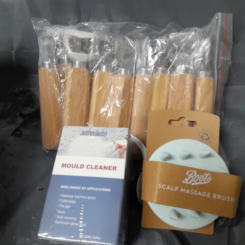 APPROXIMATELY 12 ASSORTED HOUSEHOLD ITEMS TO INCLUDE SCALP MASSAGE BRUSH. BOTTLE OPENERS, MOULD CLEANER, ETC