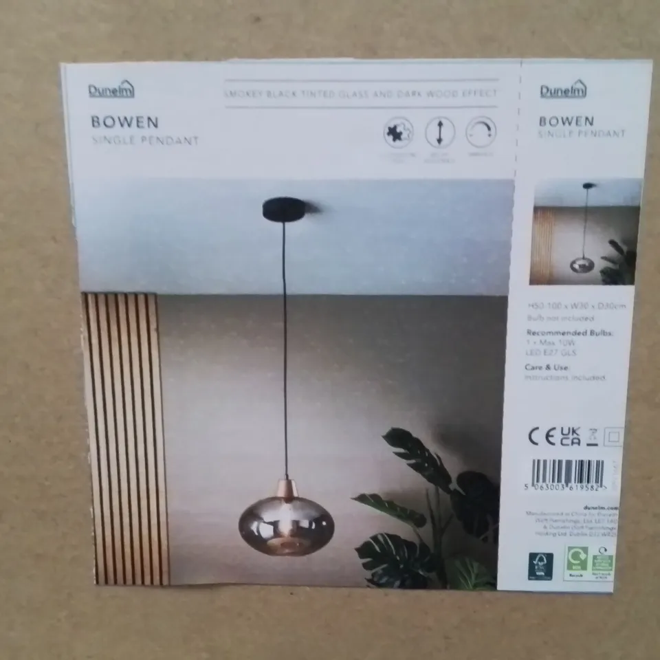 BOXED BOWAN SINGLE PENDENT SMOKEY GLASS AND DARK WOOD EFFECT 