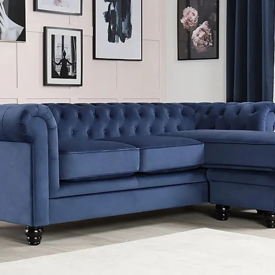 BOXED HAMPTON BLUE VELVET CHESTERFIELD CORNER SECTION