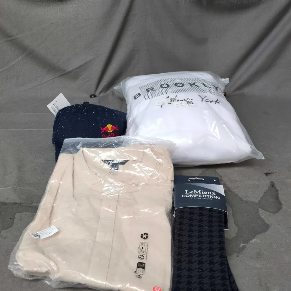 BOX OF APPROXIMATELY 15 ASSORTED CLOTHING ITEMS TO INCLUDE RED BULL CAP, BROOKLYN HOODIE, MEDIUM SHIRT, SOCKS ETC