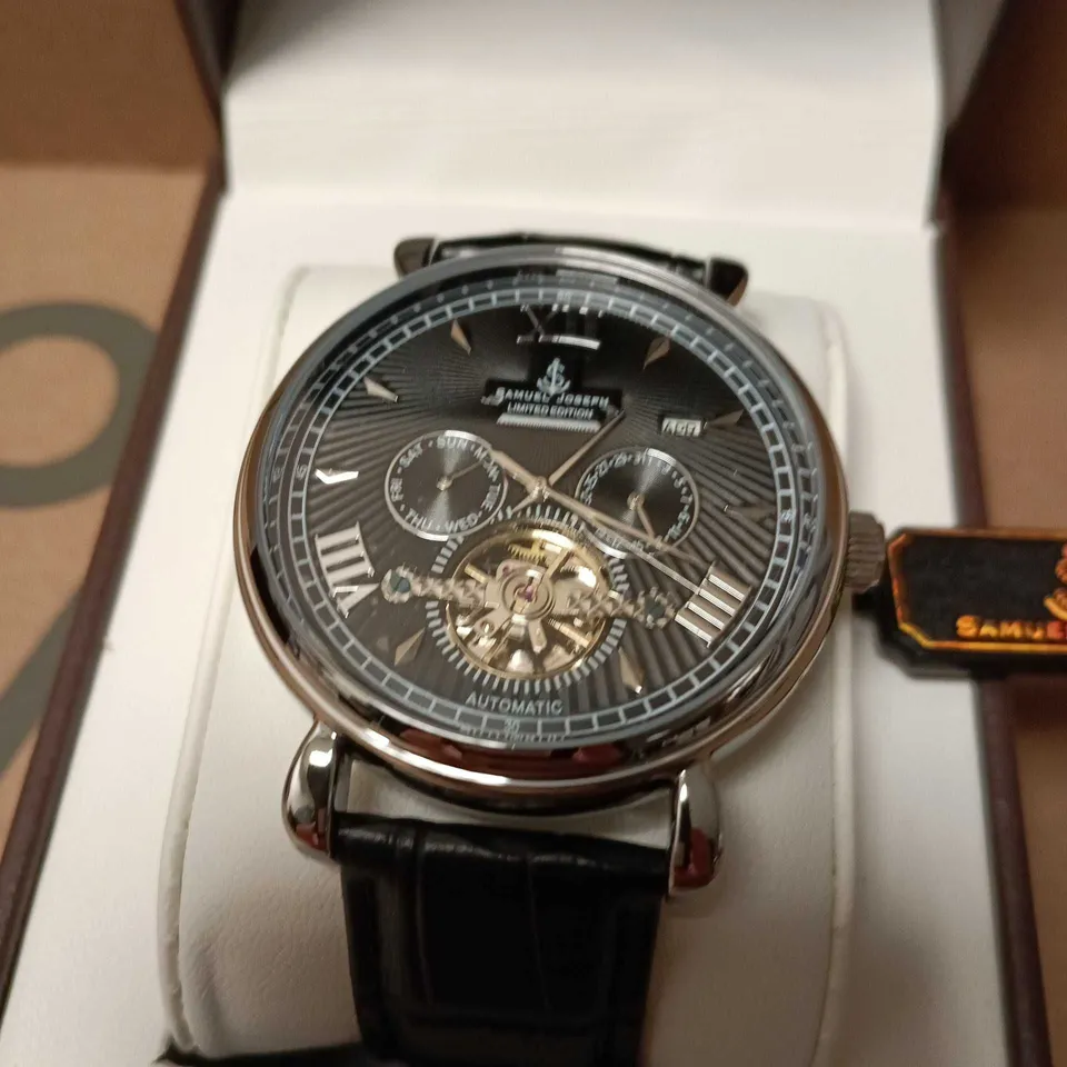 BOXED SAMUEL JOSEPH AUTOMATIC LIMTED EDITION WATCH SILVER BLACK
