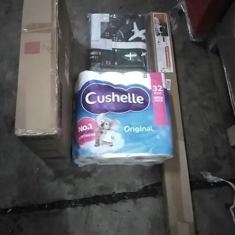 PALLET OF HOUSEHOLD ITEMS TO INCLUDE LED BATTEN LIGHT,CHILDREN'S AIRPORT RUG,TOILET ROLLS, BATH CHAIR AND OTHER ASSORTED ITEMS...