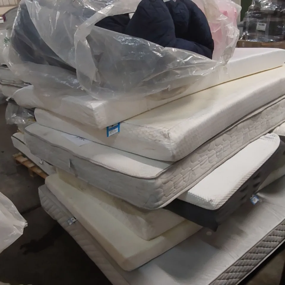 PALLET OF APPROXIMATELY 9 UNBAGGED MATTRESSES - VARIOUS SIZES, BRANDS, CONDITIONS 