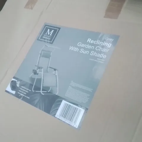 BOXED MONACO GREY RECLINING GARDEN CHAIR WITH SUN SHADE