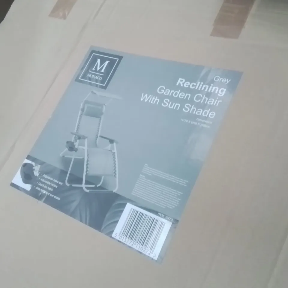 BOXED MONACO GREY RECLINING GARDEN CHAIR WITH SUN SHADE