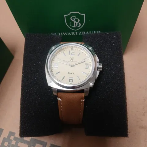 SCHWARTZBAUER QUARTZ WATCH WITH BEIGE DIAL AND BROWN LEATHER STRAP