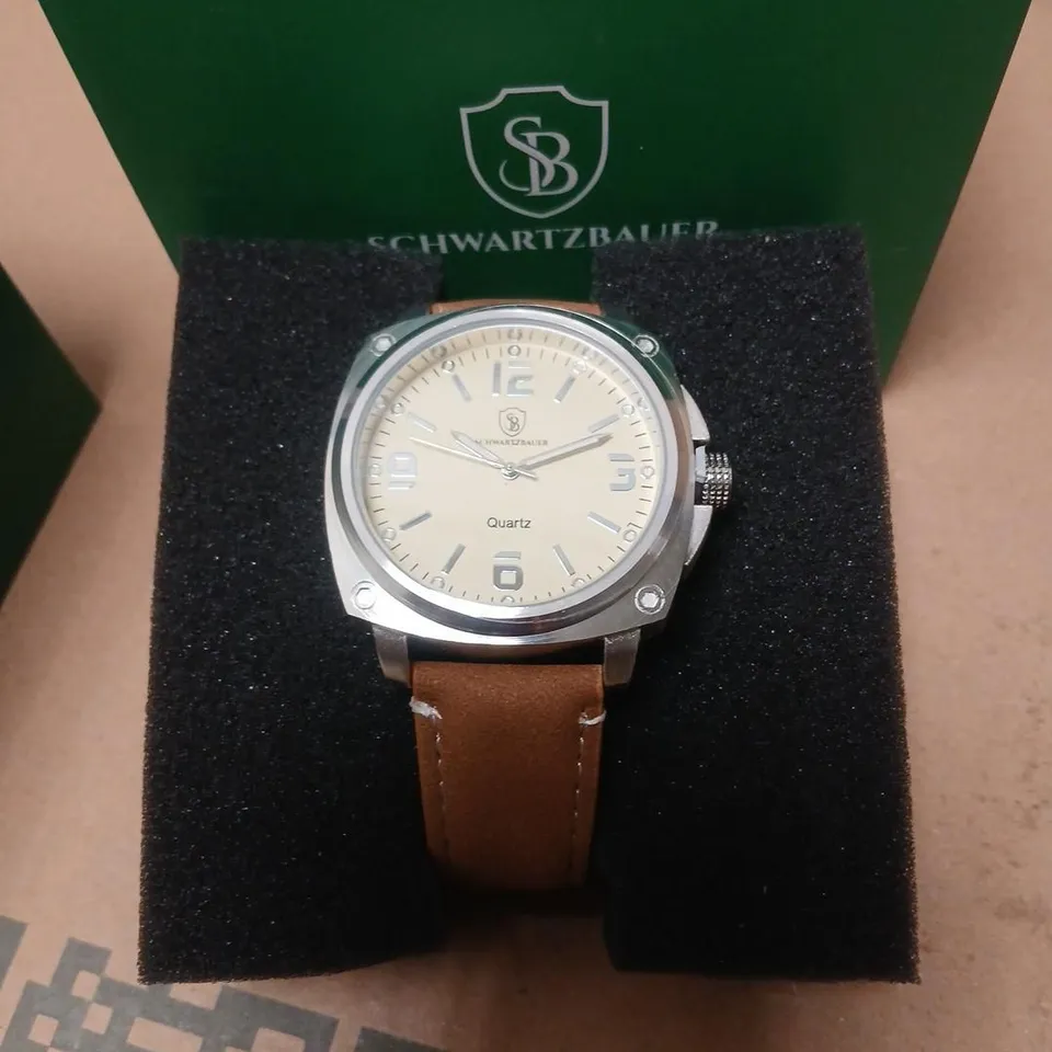 SCHWARTZBAUER QUARTZ WATCH WITH BEIGE DIAL AND BROWN LEATHER STRAP 