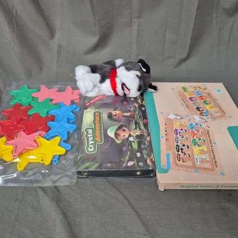 LARGE BOX OF ASSORTED TOYS AND GAMES TO INCLUDE TEDDIES, SKATEPARK AND CRYSTAL ADVENTURE