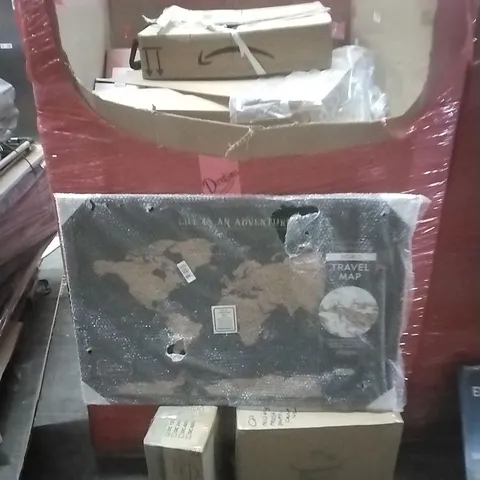 PALLET OF ASSORTED HOUSEHOLD GOODS AND PRODUCTS TO INCLUDE; TRAVEL MAP, BBQ, POWER INVERTER, BOXED FURNITURE ETC