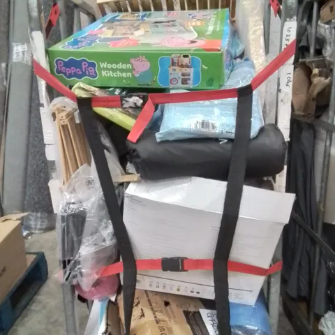 CAGE OF ASSORTED HOUSEHOLD GOODS AND PRODUCTS TO INCLUDE;PEPPER PIG WOODEN KITCHEN,BABY NEST,PLAYMAT,SHOERACK 