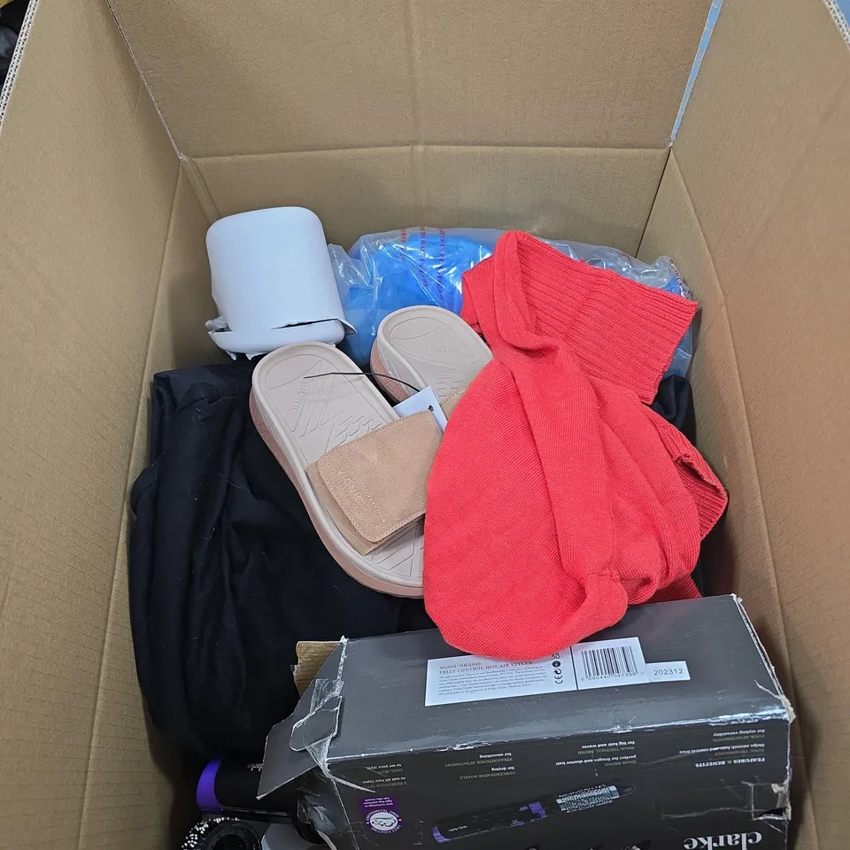 BOX OF APPROXIMATELY 20 ASSORTED ITEMS TO INCLUDE NICKY CLARKE FRIZZ CONTROL, CLOTHING, VIONIC SANDALS ETC