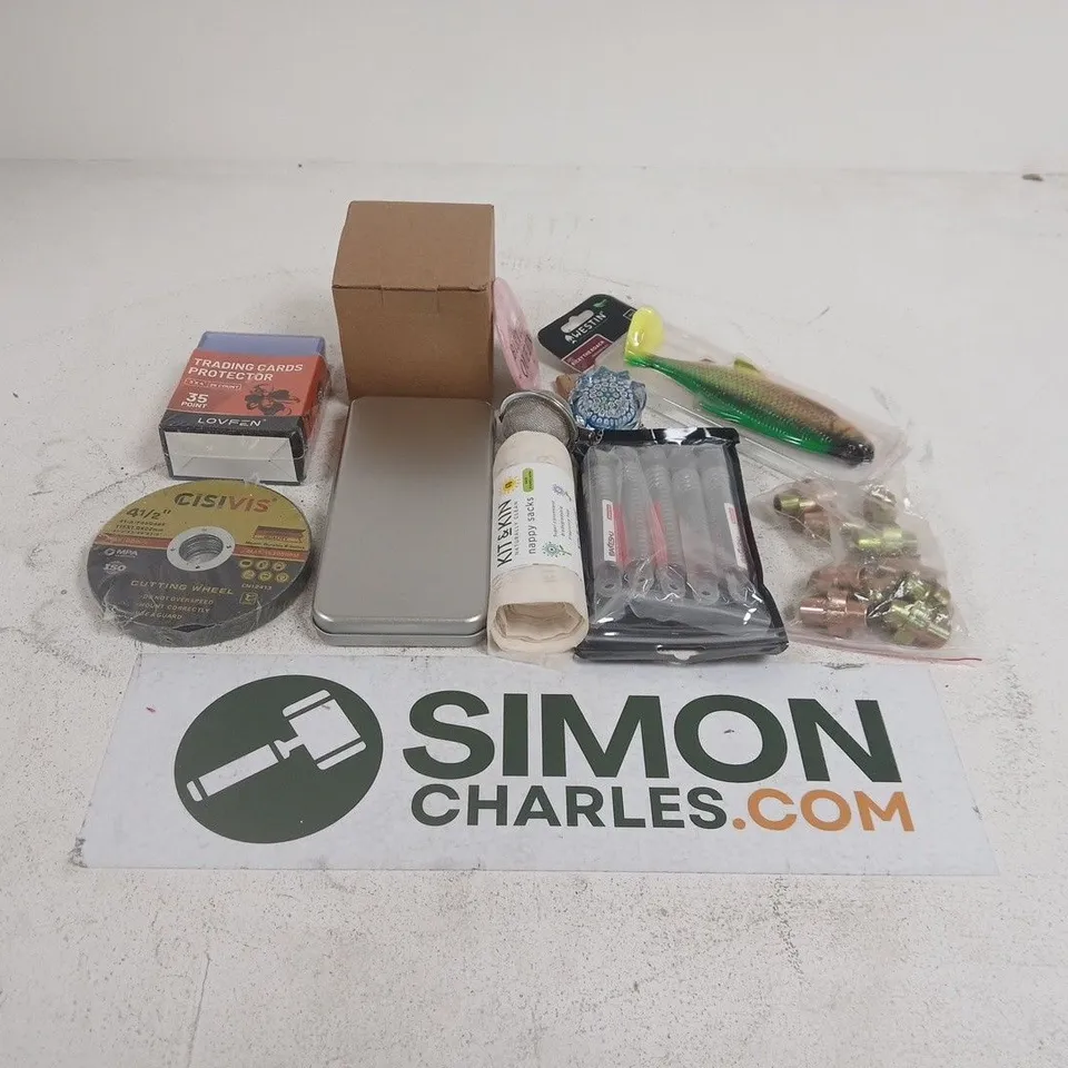 APPROXIMATELY 15 ASSORTED HOUSEHOLD PRODUCTS TO INCLUDE - CUTTING WHEEL, DRILL BIT SET, TAPE, POUCHES, BRASS FITTINGS & FISHING LURE