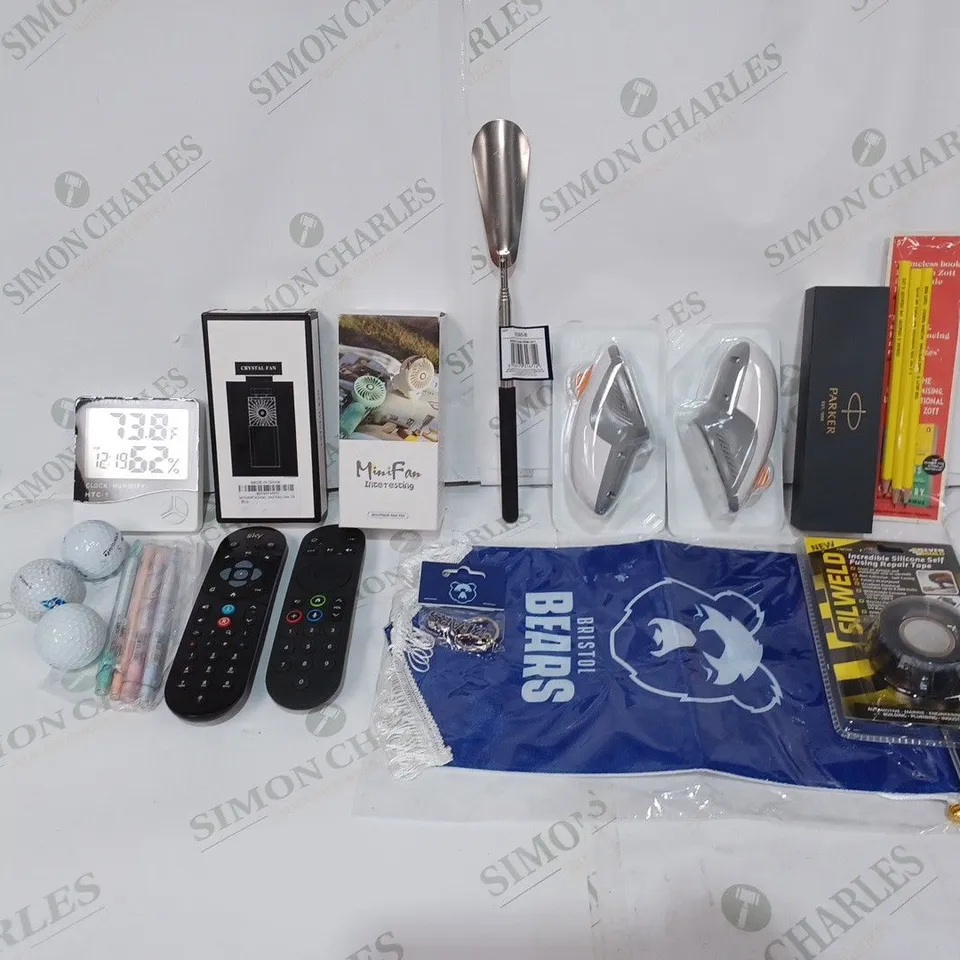 BOX TO CONTAIN APPROX. 20 X ASSORTED HOUSEHOLD PRODUCTS. INCLUDES TV REMOTES, GOLF BALLS, PARKER PEN, FANS ETC 