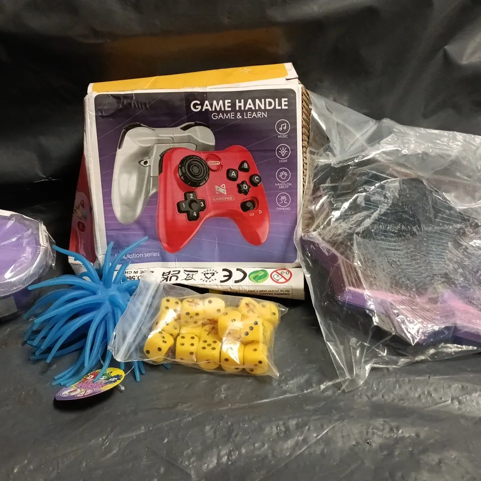 APPROXIMATELY 10 ASSORTED TOYS AND GAMES TO INCLUDE GAME HANDLE GAME & LEARN, DICE, ETC