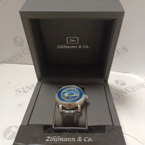 MENS ZIHLMANN & CO AUTOMATIC WATCH – Z150 – MOONPHASE DIAL – GLASS EXHIBITION BACKCASE - SILVER COLOUR CASE – BLACK LEATHER STRAP