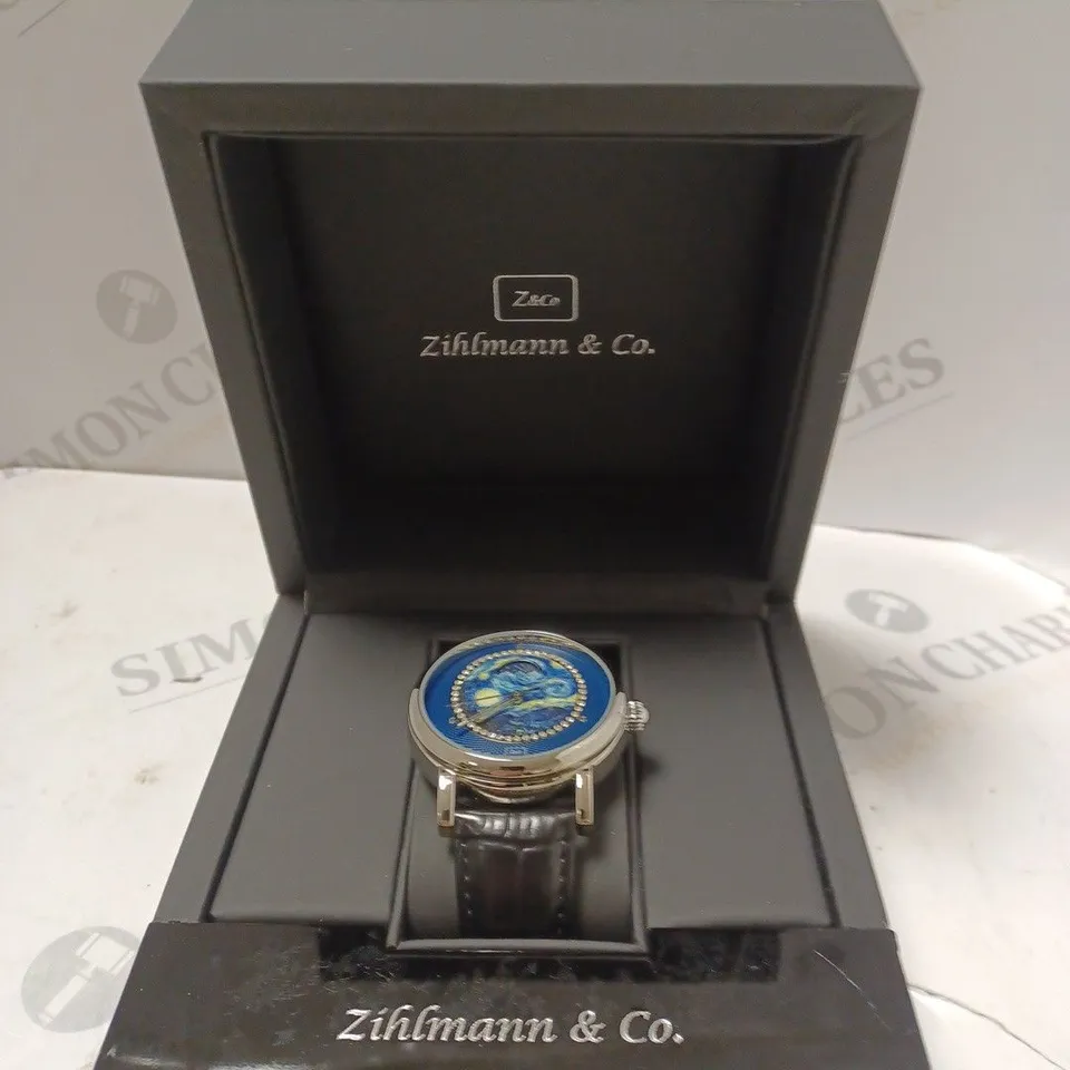 MENS ZIHLMANN & CO AUTOMATIC WATCH – Z150 – MOONPHASE DIAL – GLASS EXHIBITION BACKCASE - SILVER COLOUR CASE – BLACK LEATHER STRAP