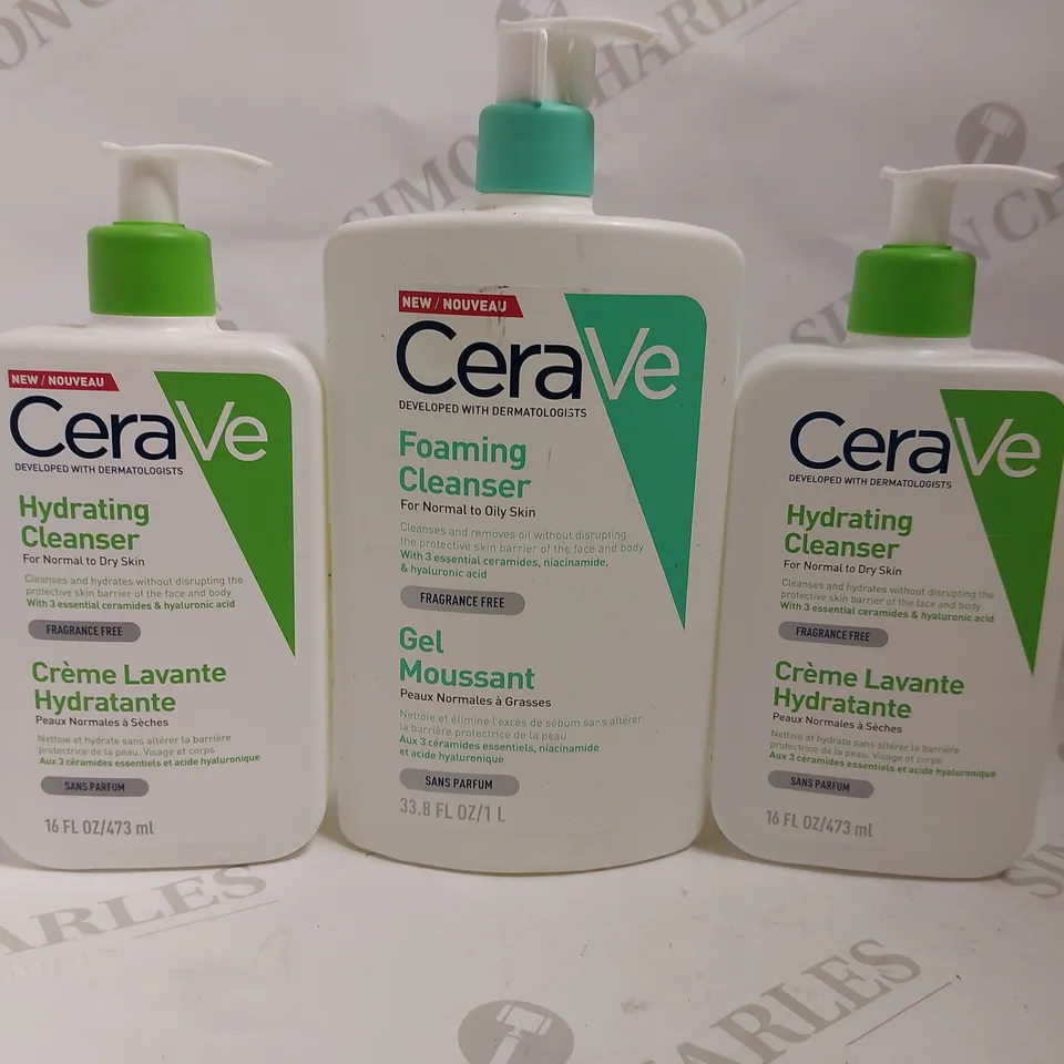 BOX OF 3 CERAVE ITEMS TO INCLUDE FOAMING CLEANSER AND HYDRATING CLEANSER