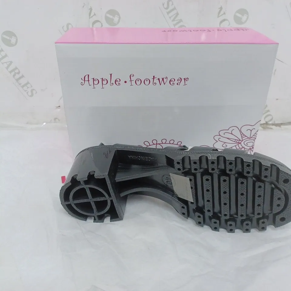 APPROXIMATELY 10 PAIRS OF BOXED APPLE FOOTWEAR BLACK BOOT SANDAL IN VARIOUS SIZES