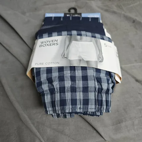 M&S WOVEN BOXERS – PURE COTTON, NAVY CHECK, PACK OF 5, SIZE XL