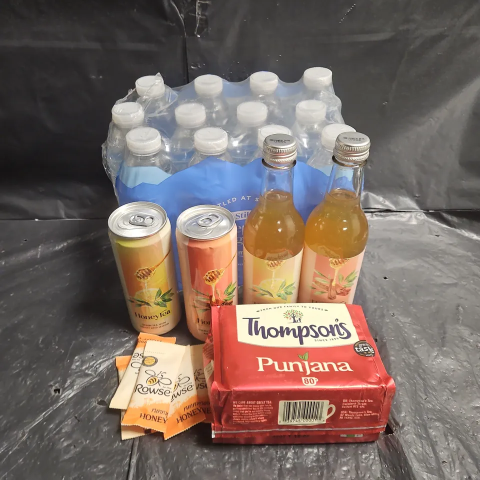 APPROXIMATELY 8 ASSORTED FOOD ITEMS TO INCLUDE - SHEPLEY SPRING WATER - HONEY TEA BOTTLES - ROWSE HONEY 
