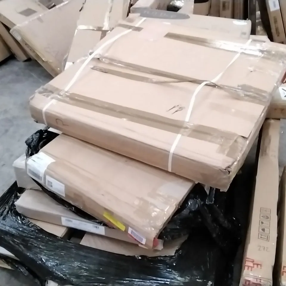 PALLET OF ASSORTED BOXED FURNITURE PARTS INCLUDING CHEST CHANGER, DINING TABLE TOP AND DESK 