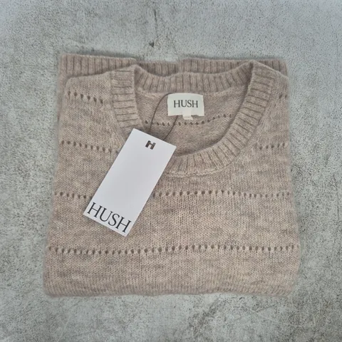 HUSH ARLETTE GATHERED SLEEVE POINTELLE STITCH WOOL BLEND TEE IN OATMEAL SIZE L/XL