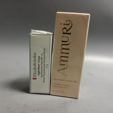 2 BOXED BEAUTY PRODUCTS TO INCLUDE ELIZABETH ARDEN EIGHT HOUR CREAM LIP PROTECTANT STICK SPF15, AMMURI HIGH STRENGTH RETINOL 30ML 