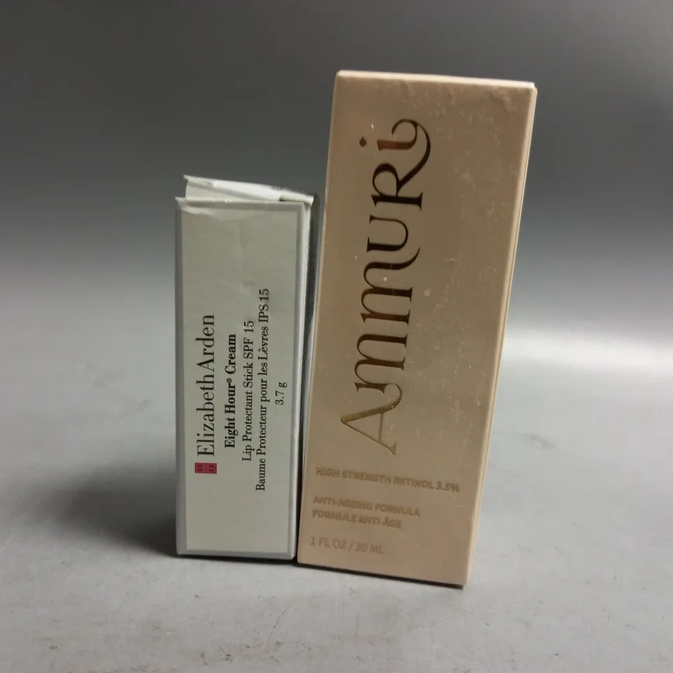 2 BOXED BEAUTY PRODUCTS TO INCLUDE ELIZABETH ARDEN EIGHT HOUR CREAM LIP PROTECTANT STICK SPF15, AMMURI HIGH STRENGTH RETINOL 30ML 