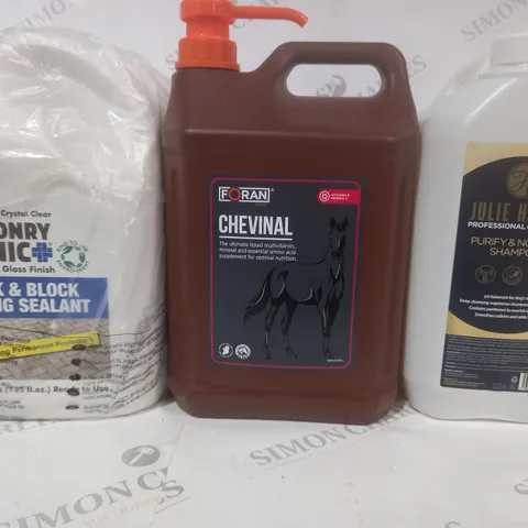 3 ASSORTED LIQUIDS TO INCLUDE JULIE HARRIS PURIFY & NOURISH SHAMPOO, FORAN CHEVINAL, AND MASONRY CLINIC BRICK & BLOCK PAVING SEALANT