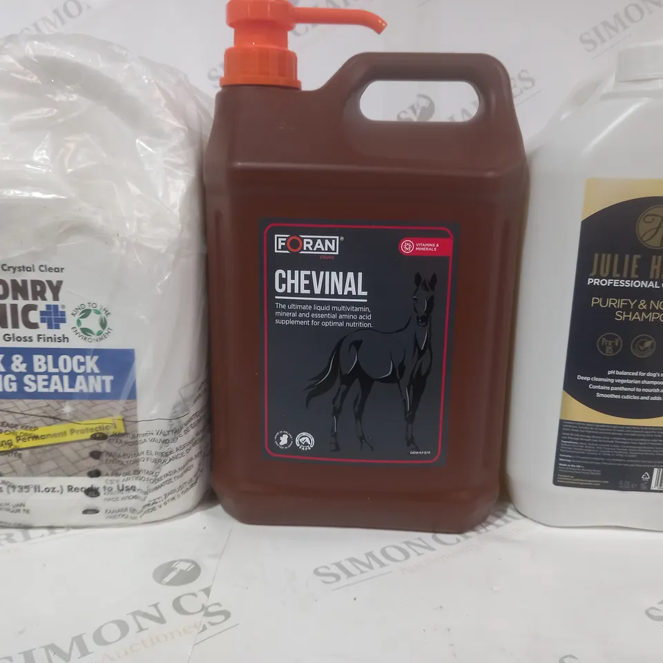 3 ASSORTED LIQUIDS TO INCLUDE JULIE HARRIS PURIFY & NOURISH SHAMPOO, FORAN CHEVINAL, AND MASONRY CLINIC BRICK & BLOCK PAVING SEALANT