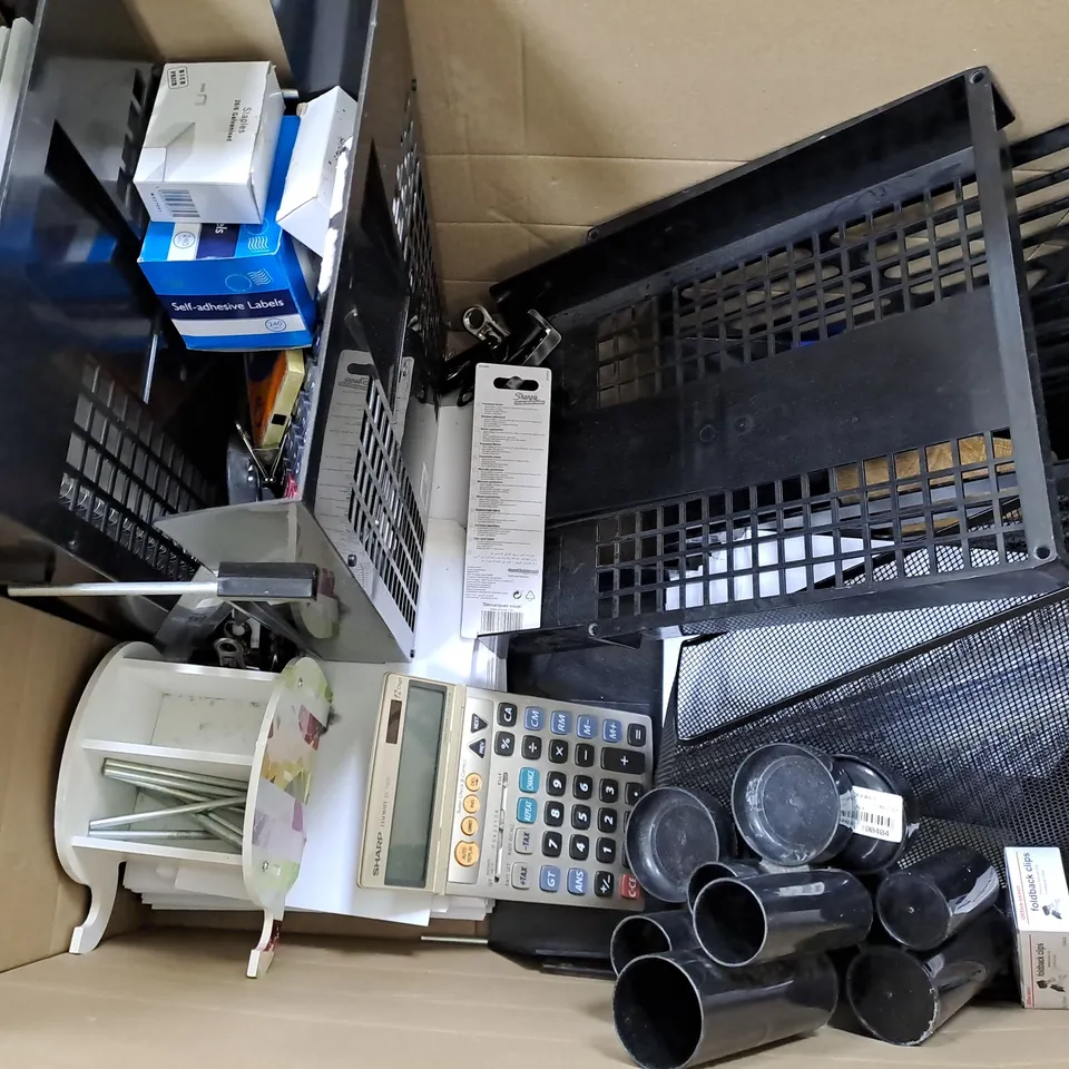 LARGE BOX OF ASSORTED OFFICE EQUIPMENT TOO INCLUDE STORAGE CONTAINERS , CALCULATORS , STAPLES , ETC  