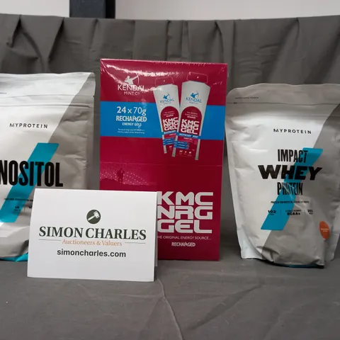 APPROXIMATELY 5 ASSORTED FOOD AND DRINK ITEMS TO INCLUDE MY PROTEIN IMPACT WHEY, KENDAL KMC NRG GEL, ETC