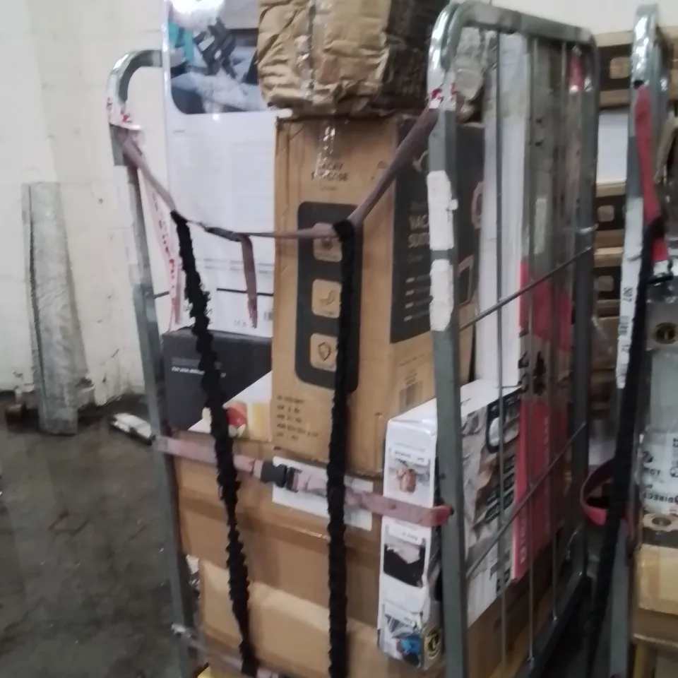 CAGE OF ASSORTED HOUSEHOLD GOODS AND PRODUCTS TO INCLUDE;SUITCASES,VACUUM CLEANER,HEATED THROW,GYMNASTICS BAR