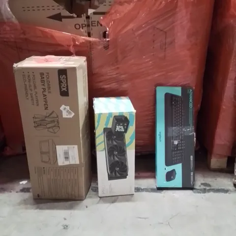 PALLET OF ASSORTED HOUSEHOLD GOODS AND PRODUCTS TO INCLUDE;PLAYPEN,PROTEUS 360 CPU COOLER,LOGITECH KEYBOARD 