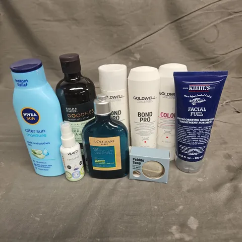 APPROXIMATEY 20 HEALTH AND BEAUTY PRODUCTS TO INCLUDE - KIEHL'S FACIAL FUEL - L'OCCITANE SHOWER GEL - GOLDWELL BOND PRO SHAMPOO & CONDITIONER - ETC